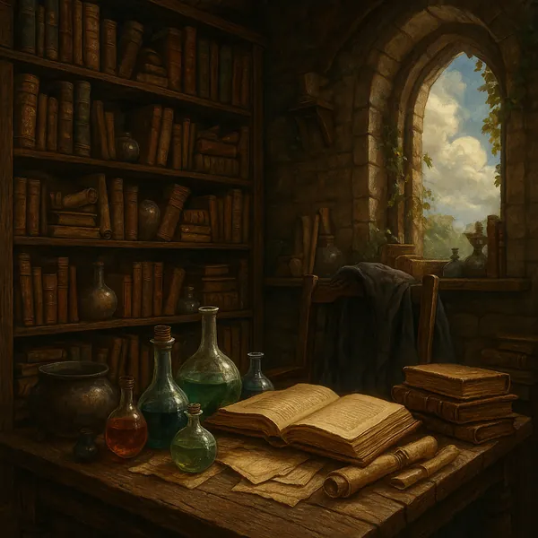 This image captures a mystical study filled with ancient books and alchemical potions.