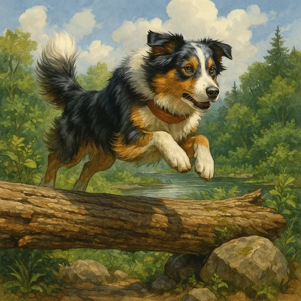The image captures an Australian Shepherd in mid-air as it leaps over a fallen log in a lush, green forest setting.