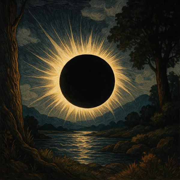 This captivating image showcases a solar eclipse with the sun's corona dramatically visible as a radiant halo around the darkened silhouette of the moon.