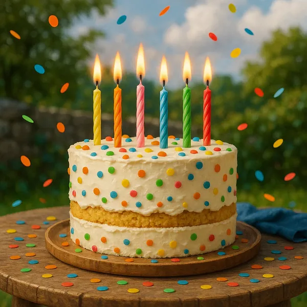 The image showcases a delightful birthday cake set against a vibrant outdoor backdrop.