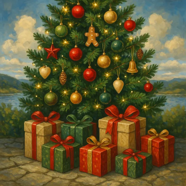 This image depicts a beautifully decorated Christmas tree adorned with a variety of ornaments, including red and gold baubles, a gingerbread man, bells, and sta