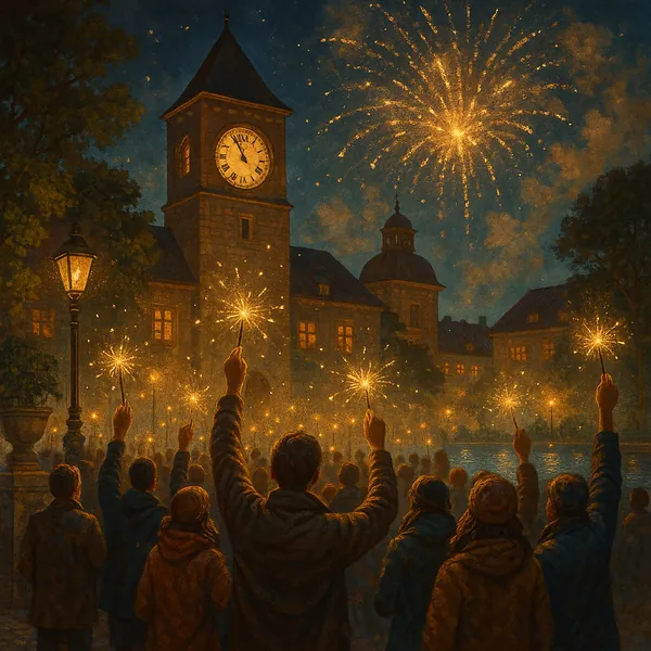 The image captures a lively New Year celebration in a historic town square.