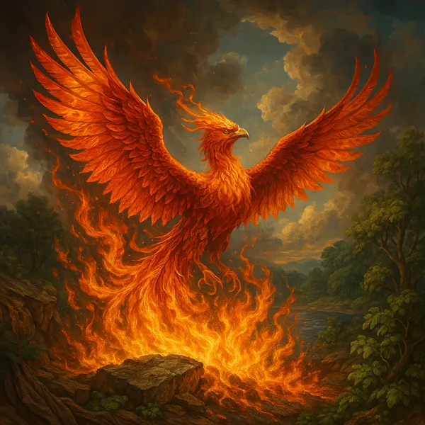 This captivating image depicts a majestic phoenix rising from a bed of flames, its fiery feathers ablaze with vibrant shades of orange and red.
