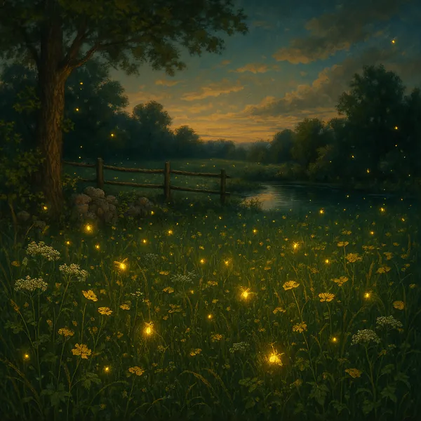 This enchanting image captures a serene meadow at dusk, where countless fireflies dance and illuminate the scene with their gentle glow.