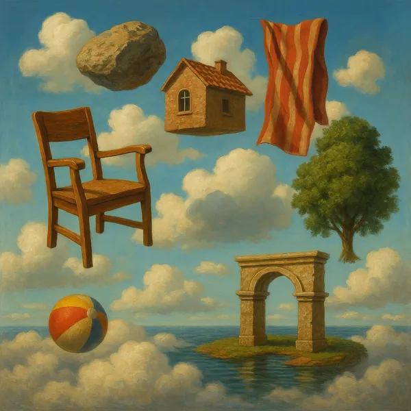 This surreal image presents a dreamlike scene with various objects floating amidst fluffy clouds against a clear blue sky.