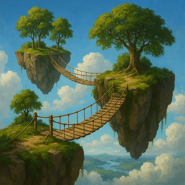 This captivating image depicts a serene and imaginative landscape of floating islands connected by rustic rope bridges.