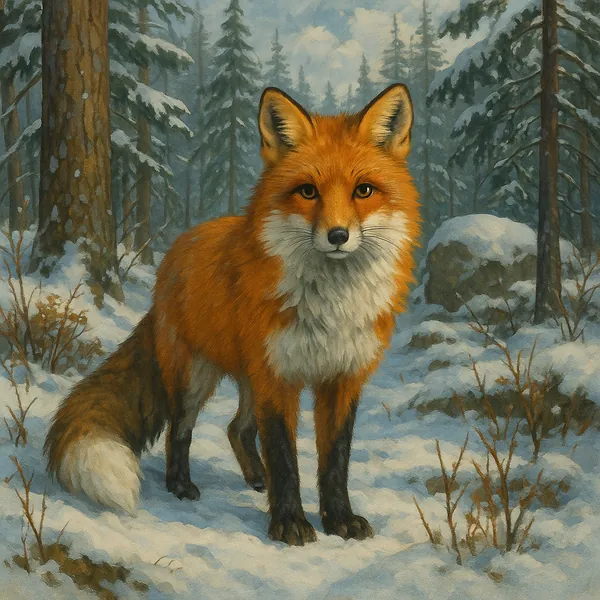 A red fox stands poised in a serene, snow-covered forest, its bright orange fur contrasting vividly against the white snow.