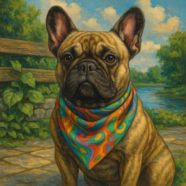 The image features a French bulldog sitting outdoors, adorned with a colorful bandana.