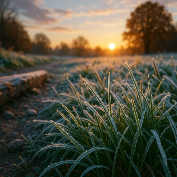 This image captures the serene beauty of a sunrise over a field of grass dusted with the first frost.