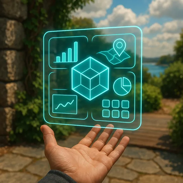 A translucent, holographic augmented reality interface hovers above an outstretched hand.