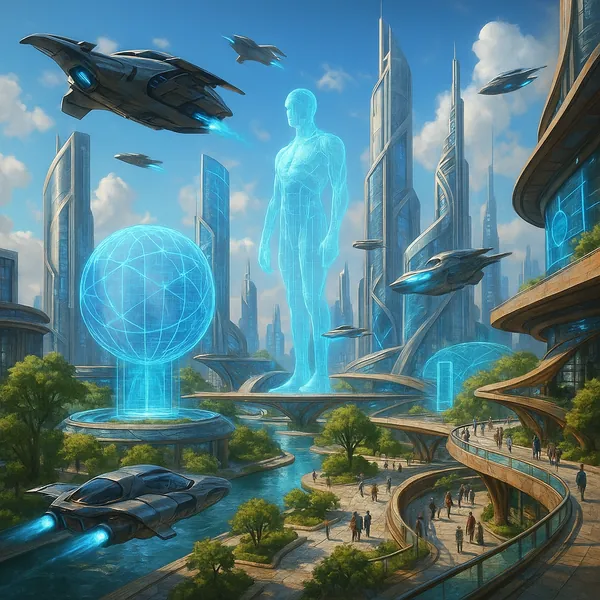 This image portrays a vibrant futuristic city bustling with activity.