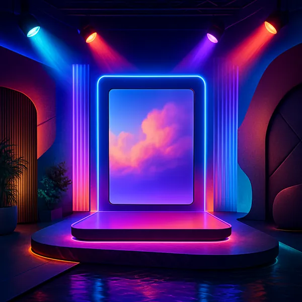 This image showcases a vibrant, tech-inspired stage set in a square composition.