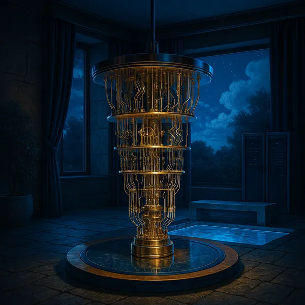 The image depicts a futuristic room illuminated by blue lighting, creating a serene yet advanced atmosphere.