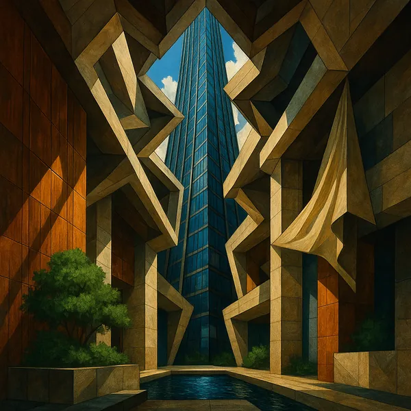 The image showcases a striking atrium with dramatic geometric architecture leading to a tall, sleek skyscraper.
