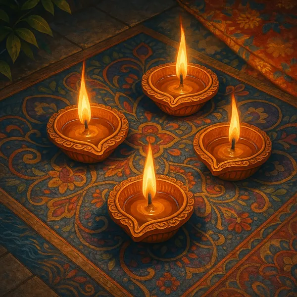 This image features four traditional clay diyas, each with a vibrant flame, arranged on a richly patterned floor.