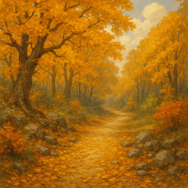 The image depicts a serene forest path blanketed with golden leaves, creating a warm and inviting atmosphere.
