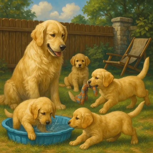The image depicts a heartwarming scene of a golden retriever family enjoying a sunny day in a backyard.