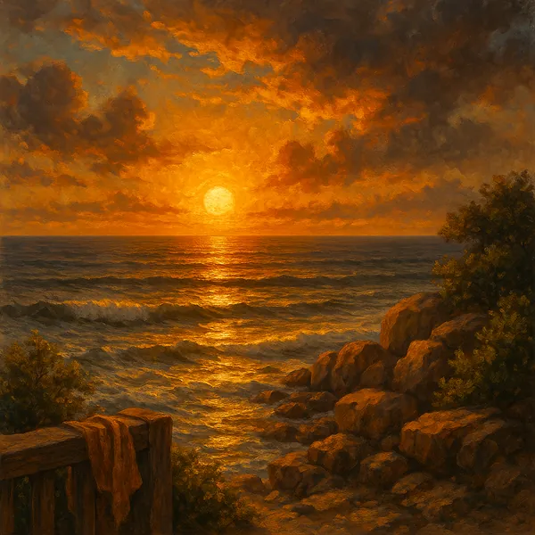 This painting captures the serene beauty of a golden sunset over the ocean.