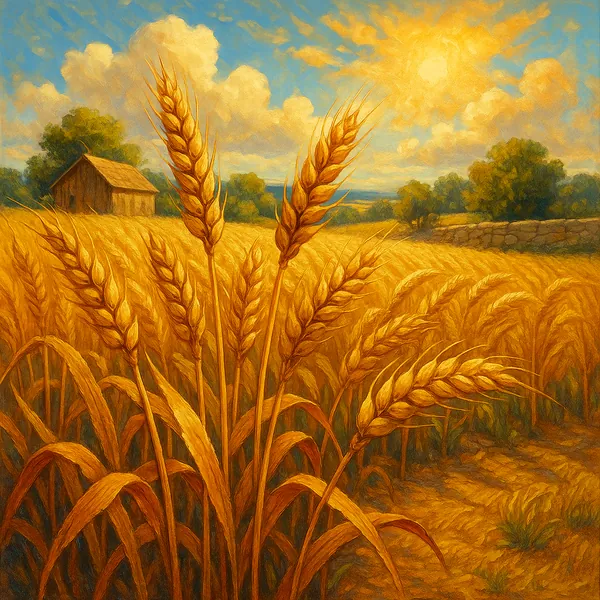 This image captures a sun-drenched wheat field ready for harvest.