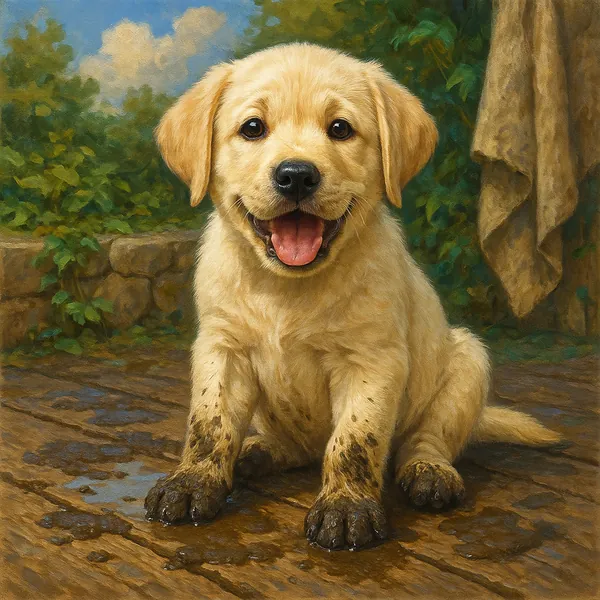 This charming image features a Labrador puppy with a joyful expression and muddy paws, sitting on a wooden deck.