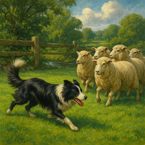 This vibrant image captures a border collie expertly herding a small group of sheep in a lush, green pasture.