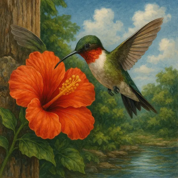 This captivating image depicts a hummingbird hovering near a bright orange flower, set against a lush natural backdrop.