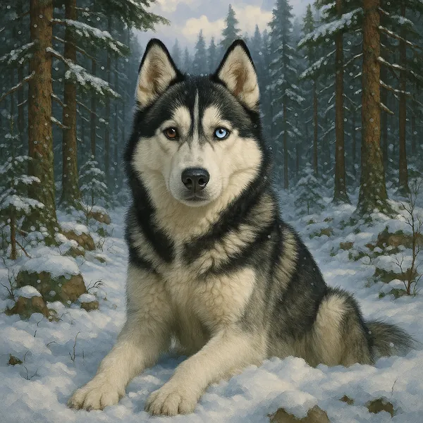 The image features a striking husky with heterochromia, sitting gracefully in a snowy forest.