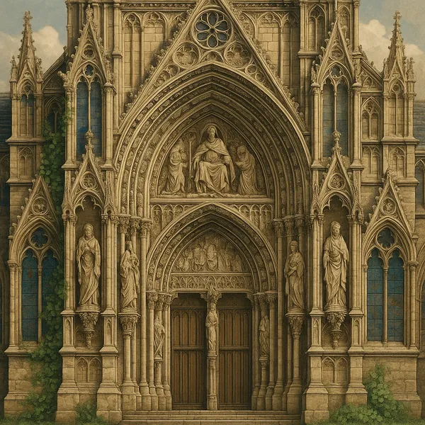 The image depicts a stunning Gothic cathedral facade, characterized by its detailed stone carvings and architectural intricacies.