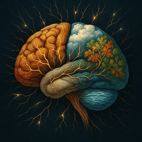 This image presents an artistic visualization of a brain, intricately designed to highlight neural connections.