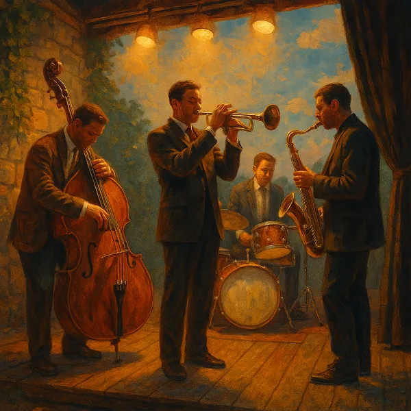 A jazz band performs energetically on stage, enveloped in warm, ambient lighting.