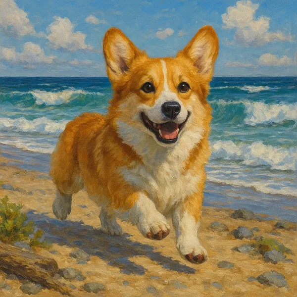 A lively corgi is captured in mid-run along a sandy beach, with waves crashing in the background.