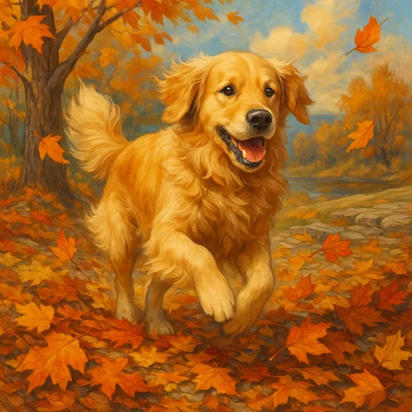 A golden retriever energetically runs through a carpet of vibrant autumn leaves, capturing the essence of a crisp fall day.
