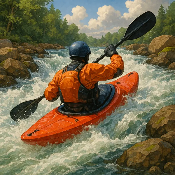 A kayaker skillfully navigates through fast-moving rapids in a vibrant, dynamic scene.
