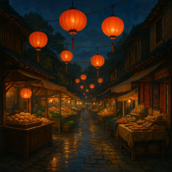 This image depicts a vibrant night market illuminated by the warm glow of red lanterns.