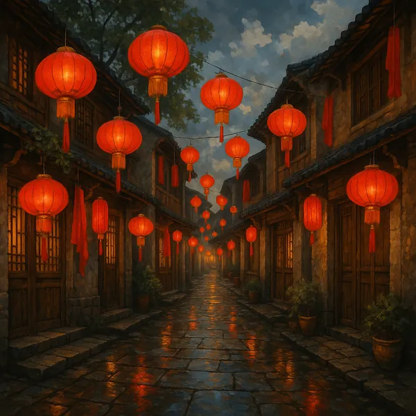 This enchanting image captures a narrow street adorned with vibrant red lanterns, casting a warm glow on the cobblestone path below.