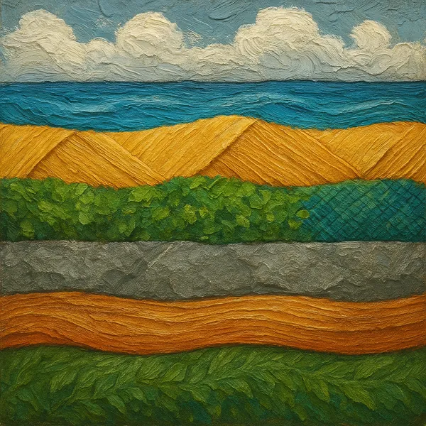 This vibrant artwork features a series of textured paint strokes forming horizontal stripes, each with distinct colors and patterns.