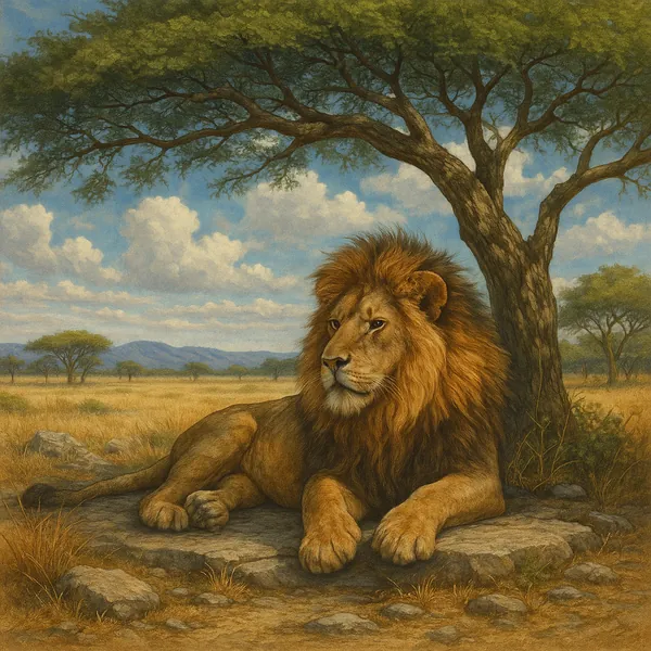 The image depicts a majestic African lion lounging beneath the shade of a sprawling acacia tree.