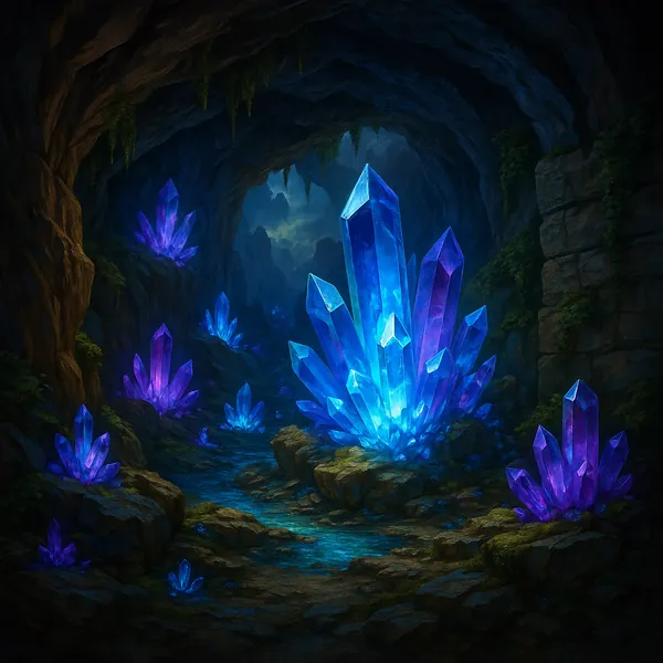 This image depicts a mystical cave adorned with vibrant, luminous crystals.