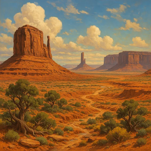 This image captures a breathtaking desert landscape dominated by towering sandstone formations.