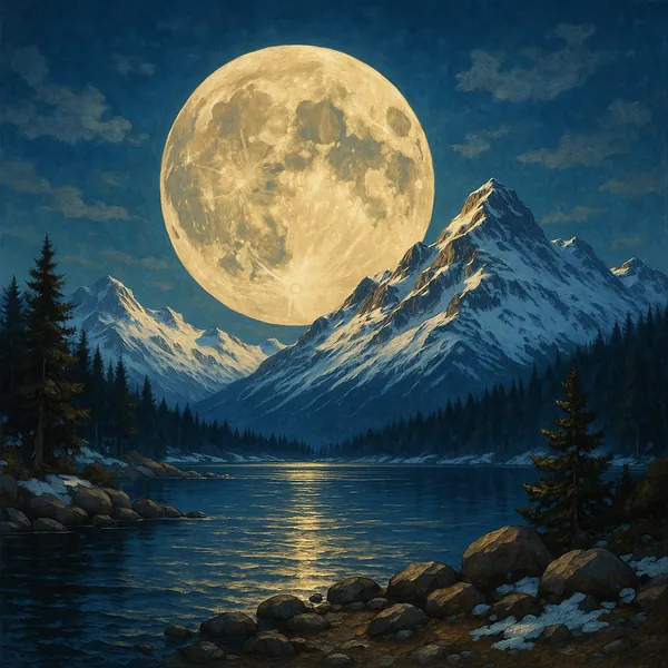 A stunning full moon dominates the night sky, casting a luminous glow over a serene landscape of snowy mountains.