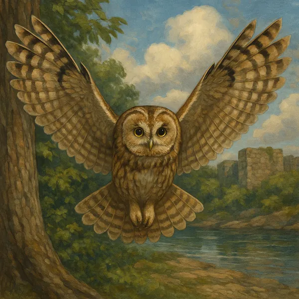 This image depicts a stunning owl in mid-flight, its wings fully spread against a picturesque natural backdrop.
