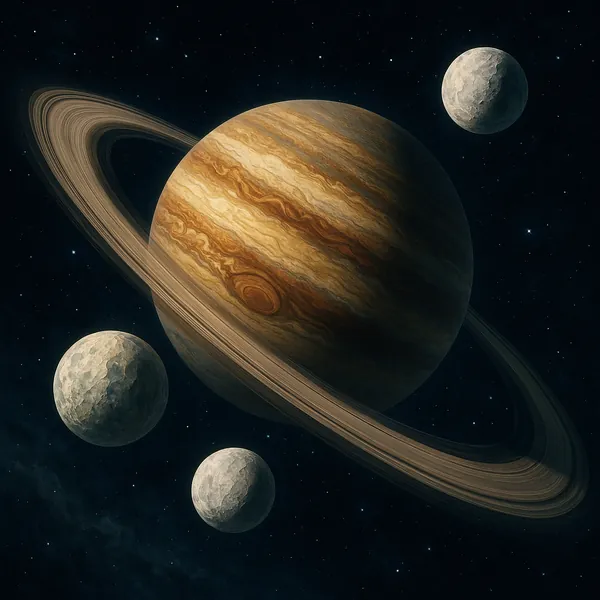 This captivating image depicts a massive ringed planet set against the backdrop of deep space.