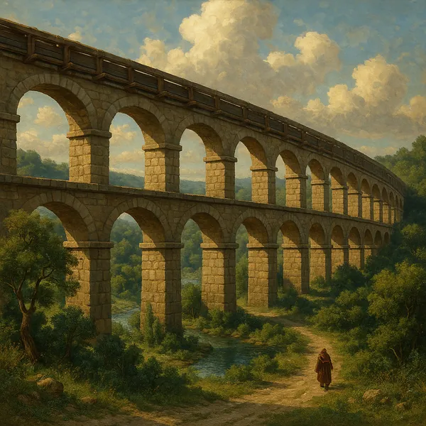 This image showcases a grand ancient Roman aqueduct stretching across a verdant valley.