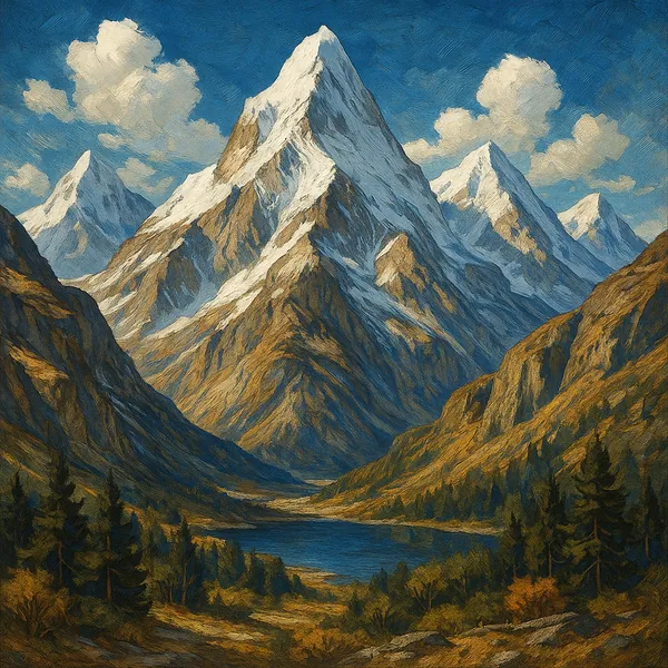 This image depicts a breathtaking mountain range with towering peaks covered in pristine white snow.