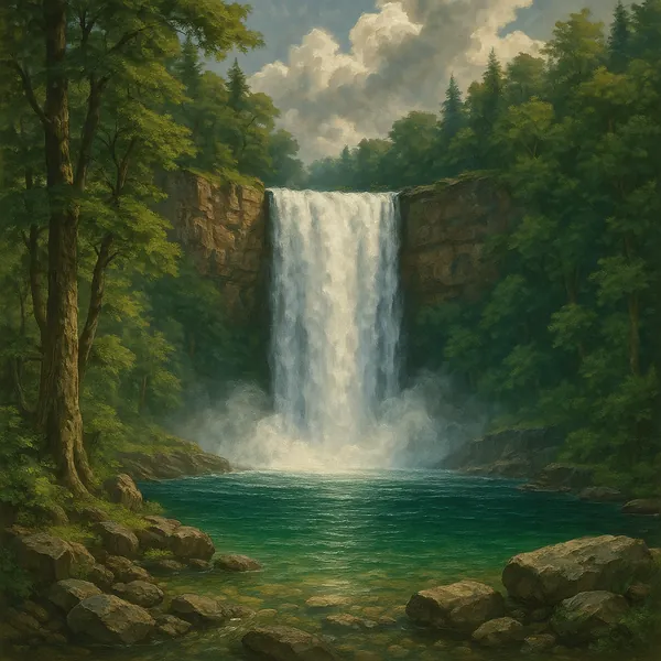 The image depicts a powerful waterfall cascading into a serene emerald pool below, surrounded by lush greenery and towering trees.