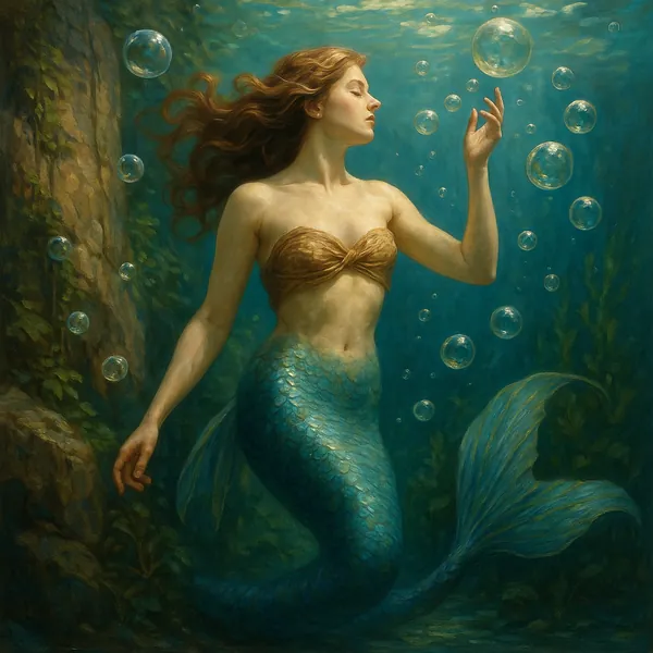 The image depicts a serene underwater scene featuring a mermaid gracefully floating among shimmering bubbles.