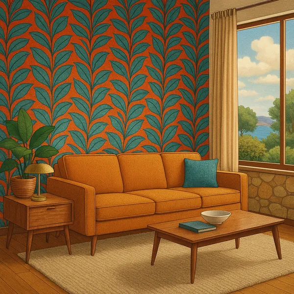This image showcases a mid-century modern living room featuring a striking, bold wallpaper with a large leaf pattern in teal against a warm orange background.