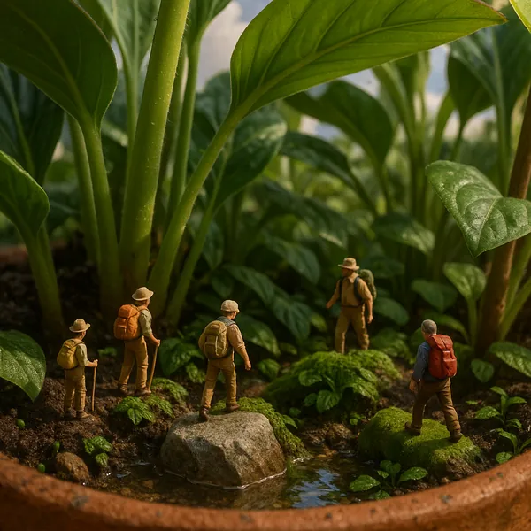 This captivating image depicts small figurines resembling explorers, venturing through a lush, vibrant houseplant jungle.