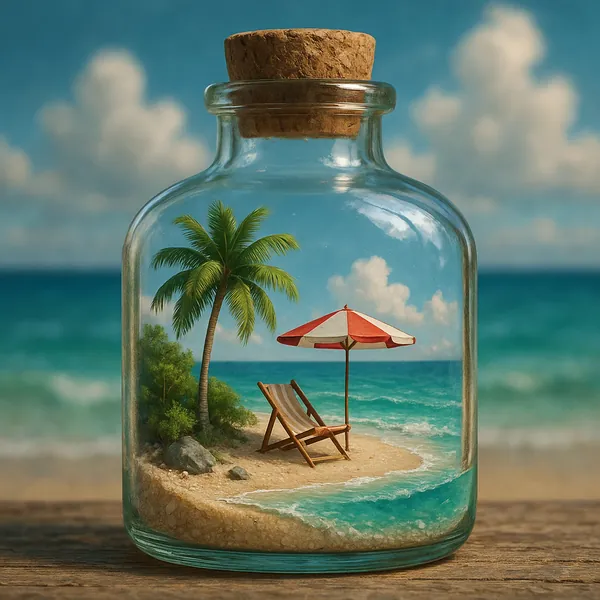 This captivating image features a serene miniature beach scene encapsulated within a glass bottle.