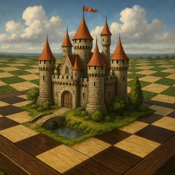 This image features a detailed miniature castle set on a vast chessboard landscape.